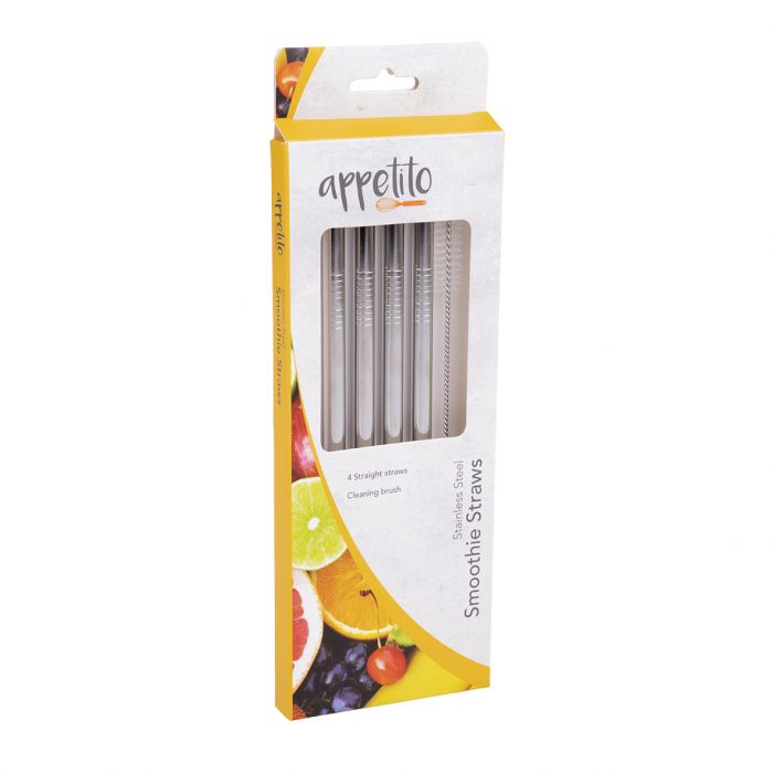 APPETITO STAINLESS STEEL STRAIGHT SMOOTHIE STRAWS SET 4 W/ BRUSH
