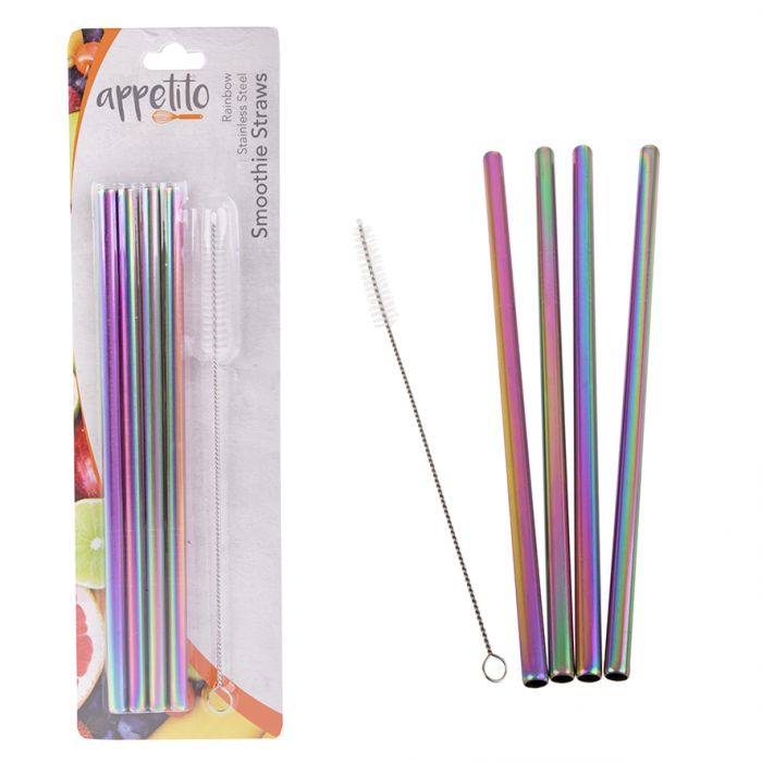 APPETITO STAINLESS STEEL STRAIGHT SMOOTHIE STRAWS SET 4 W/ BRUSH - Rainbow