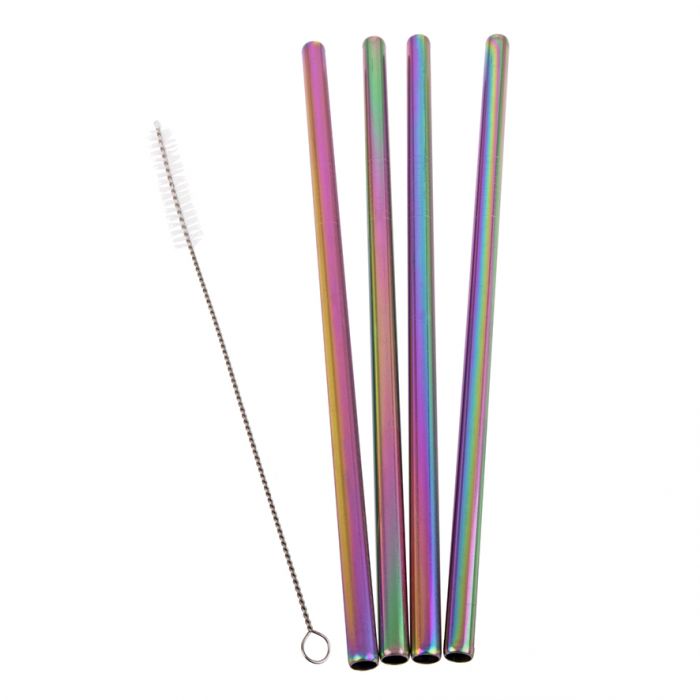 APPETITO STAINLESS STEEL STRAIGHT SMOOTHIE STRAWS SET 4 W/ BRUSH - Rainbow