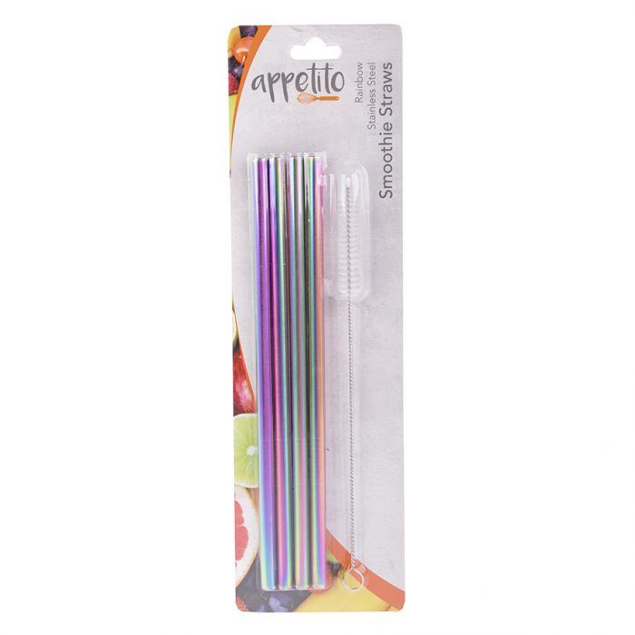APPETITO STAINLESS STEEL STRAIGHT SMOOTHIE STRAWS SET 4 W/ BRUSH - Rainbow