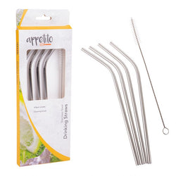 APPETITO STAINLESS STEEL BENT DRINKING STRAWS SET 4 W/ BRUSH