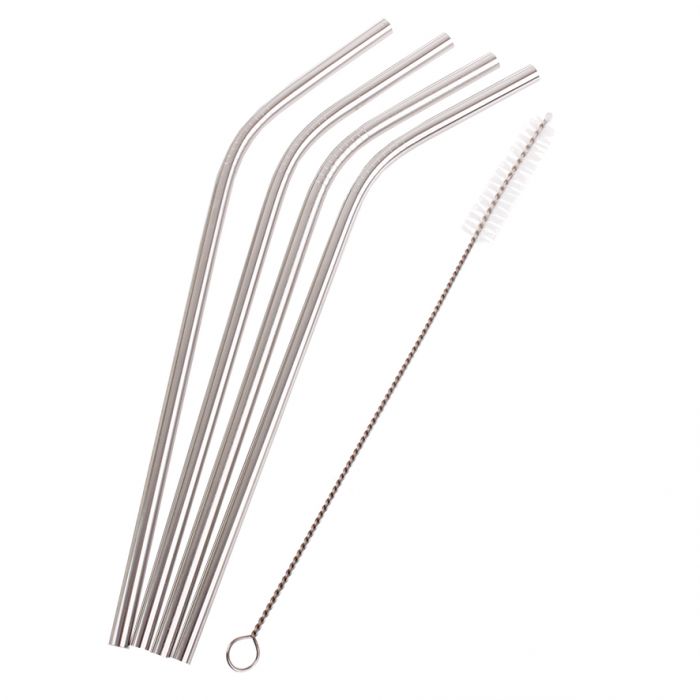 APPETITO STAINLESS STEEL BENT DRINKING STRAWS SET 4 W/ BRUSH
