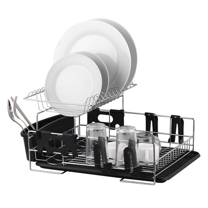 D.LINE STAINLESS STEEL 2-TIER DISH RACK W/ DRAINING BOARD - BLACK