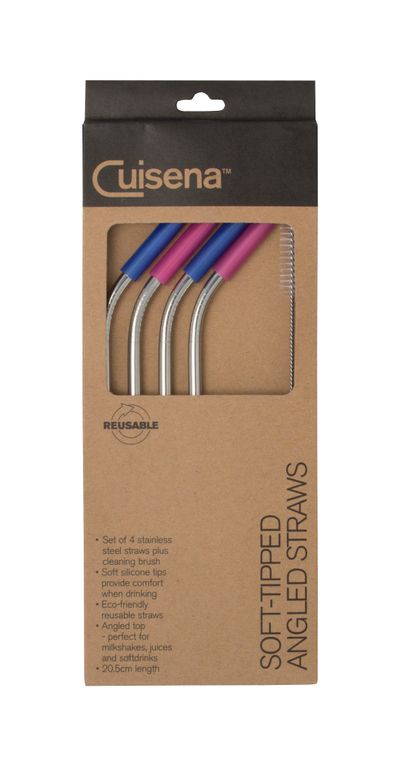 Cuisena SS Straws w/Silicone Tips Set/4 & Brush - Angled