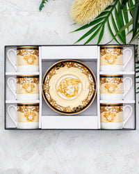 The House of Florence - Medusa Luxe Black and Gold Espresso 12-Piece Cup and Saucer Set with Gift Box.