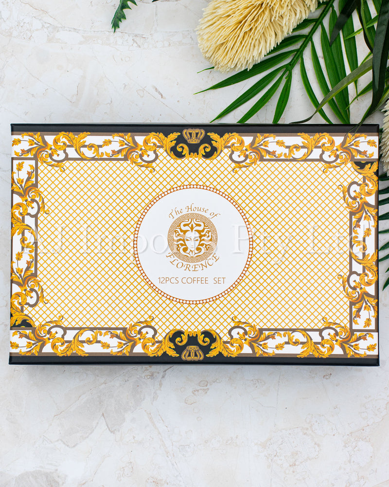 The House of Florence - Medusa Luxe Black and Gold Espresso 12-Piece Cup and Saucer Set with Gift Box.