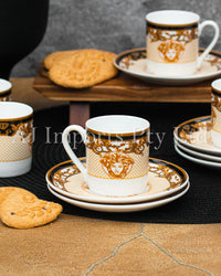 The House of Florence - Medusa Luxe Black and Gold Espresso 12-Piece Cup and Saucer Set with Gift Box.