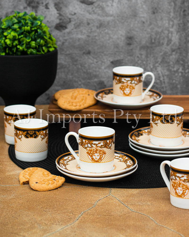 The House of Florence - Medusa Luxe Black and Gold Espresso 12-Piece Cup and Saucer Set with Gift Box.