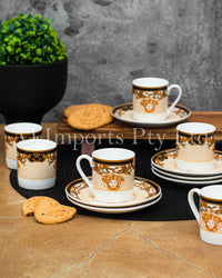 The House of Florence - Medusa Luxe Black and Gold Espresso 12-Piece Cup and Saucer Set with Gift Box.