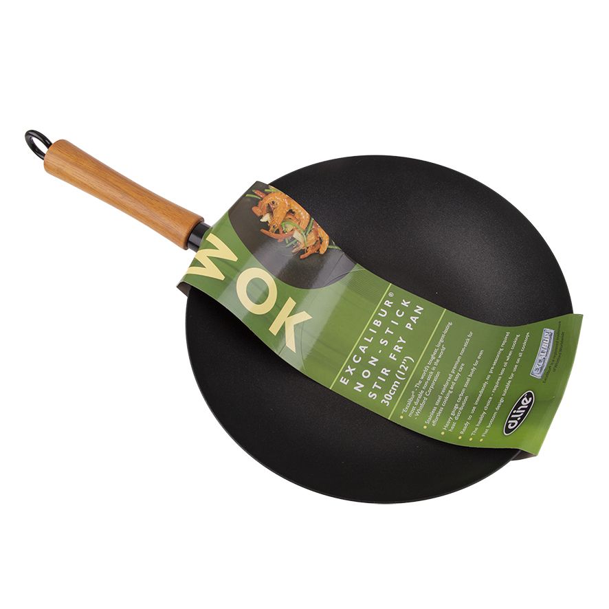 D.LINE NON-STICK EXCALIBUR STIR FRY PAN 30CM DIA. W/ WOOD HANDLE