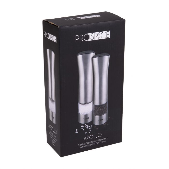 PROSPICE "APOLLO" STAINLESS STEEL BATTERY OPERATED SALT & PEPPER MILL SET 21.5CM