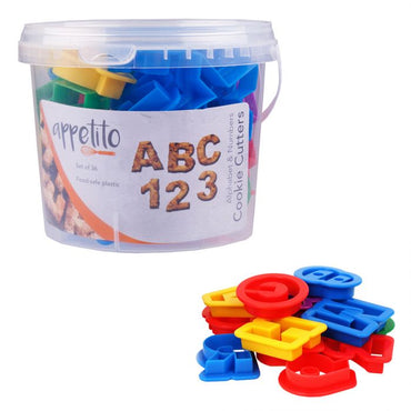 APPETITO 36 PIECE ALPHABET & NUMBER COOKIE CUTTER SET (TUB) - MULTI-COLOUR