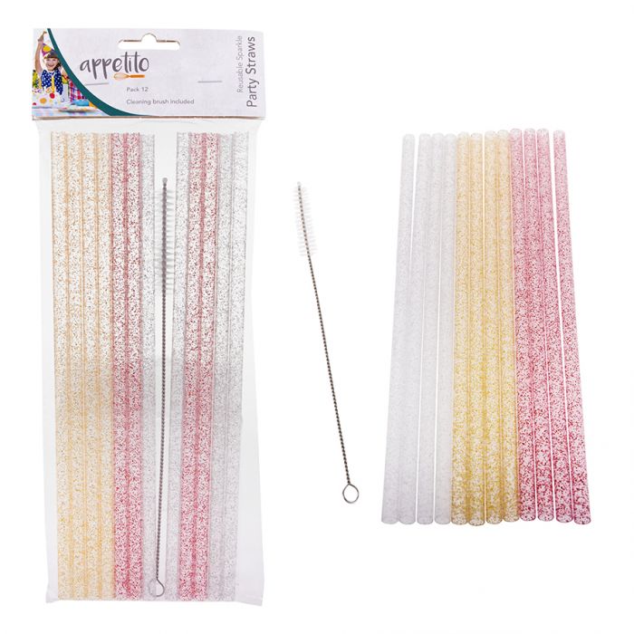 APPETITO REUSABLE SPARKLE PARTY STRAWS 25CM PK 12 W/ BRUSH - ASST. COLOURS