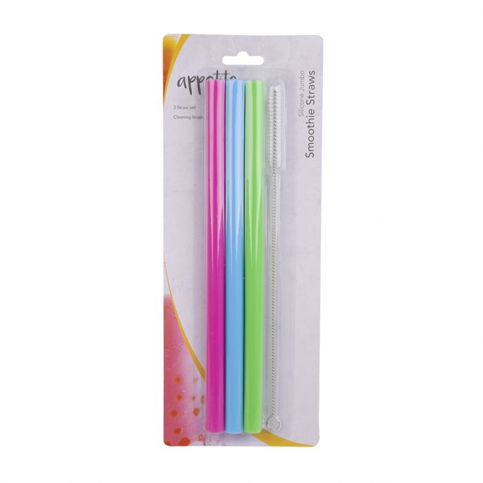 APPETITO SILICONE JUMBO SMOOTHIE STRAWS SET 3 W/ BRUSH - 3 ASST. COLOURS